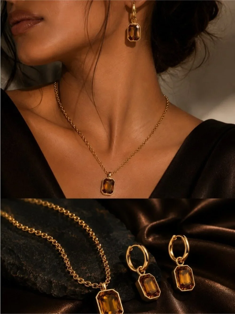 Gold-Tone Necklace and Earrings with Amber Stones